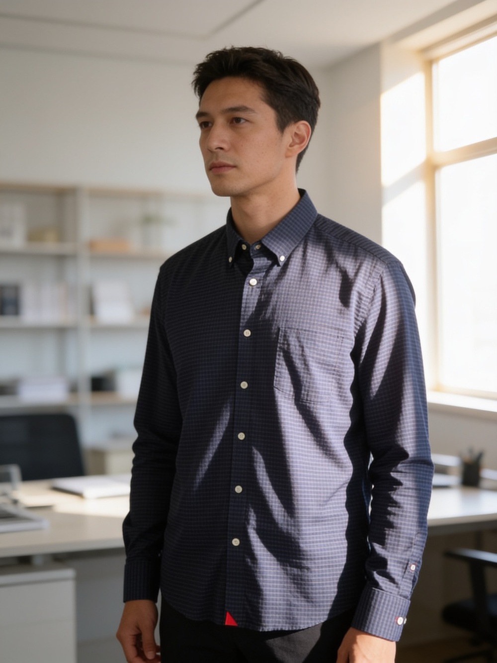 Untuckit Men's Navy Check Button-Down Shirt - Classic Long Sleeve size M